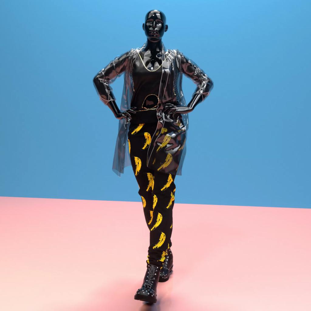 Glossy black mannequin wearing a transparent raincoat and banana-patterned pants against a pink and blue background