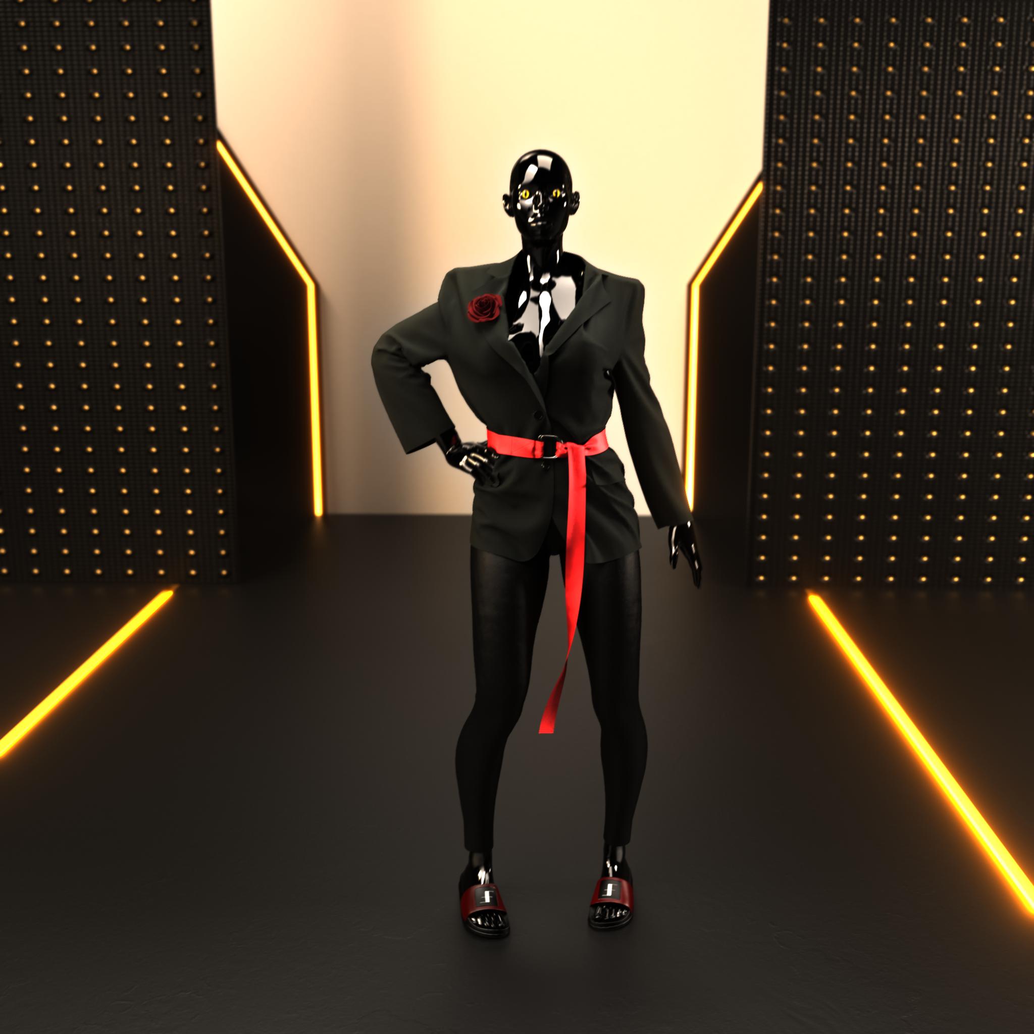 Glossy black humanoid figure in a black suit with a red sash and rose on a futuristic runway